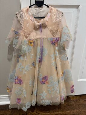 Junana Girls' Peach Floral Tulle Party Dress with Bow Accent NWOT